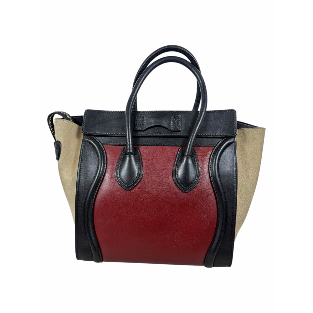 Celine Tricolor Mini Luggage Tote Bag Calf Leather Suede Rust Red Black - Picture 5 of 16